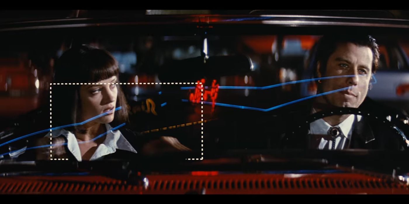 Still from Tarantino's Pulp Fiction: Uma Thurman drawing a... rectangle